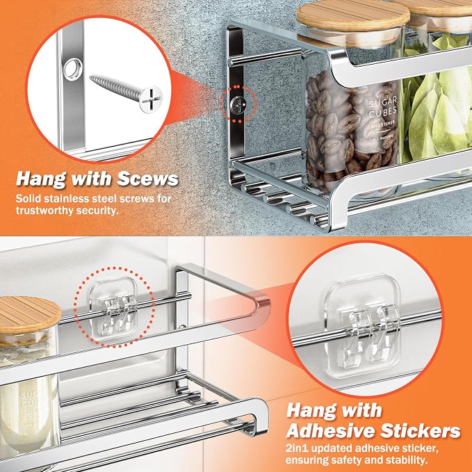 Bunoxea Spice Rack Wall Mounted 4 Pack, Chrome,For Spice Jars & Seasonings | 4 Removalble Hooks,Screw or Adhesive Hanging, Space-Saving,For Kitchen Cabinet, Pantry Door,Stove,RV Use,11.41x2.75x2.75in - Image 3