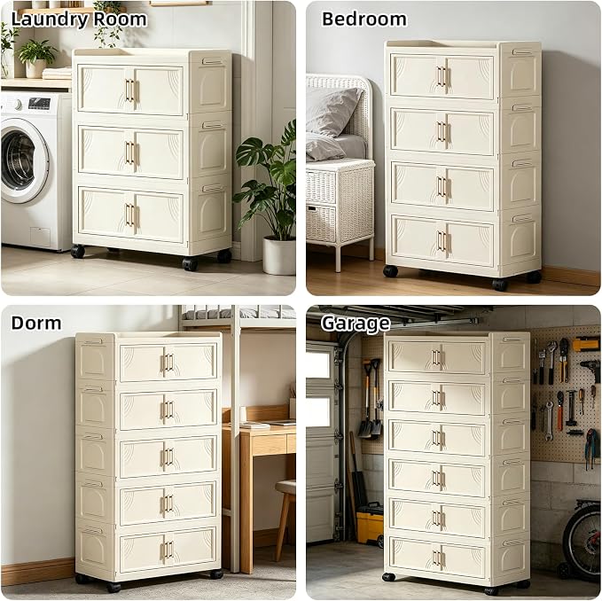 5 Tier Foldable Storage Cabinet with Lids, 313QT Large Premium PP Storage Organizer with Magnetic Doors and Wheels, Heavy Duty White Storage Bins for Home, Office, Kitchen, Dorm - Image 8