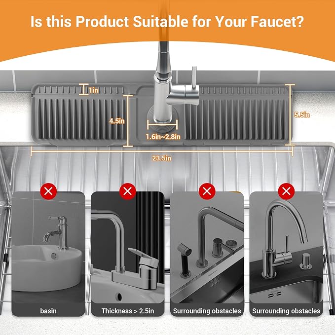 ZJWZLG Faucet Mat for Kitchen Sink, 24"X5.5" Silicone Sink Splash Guard , Snap-On Design & 7°slope Fast Drain, Folding Sink Faucet Mat for Universal Kitchen Bathroom Sink(Grey) - Image 5