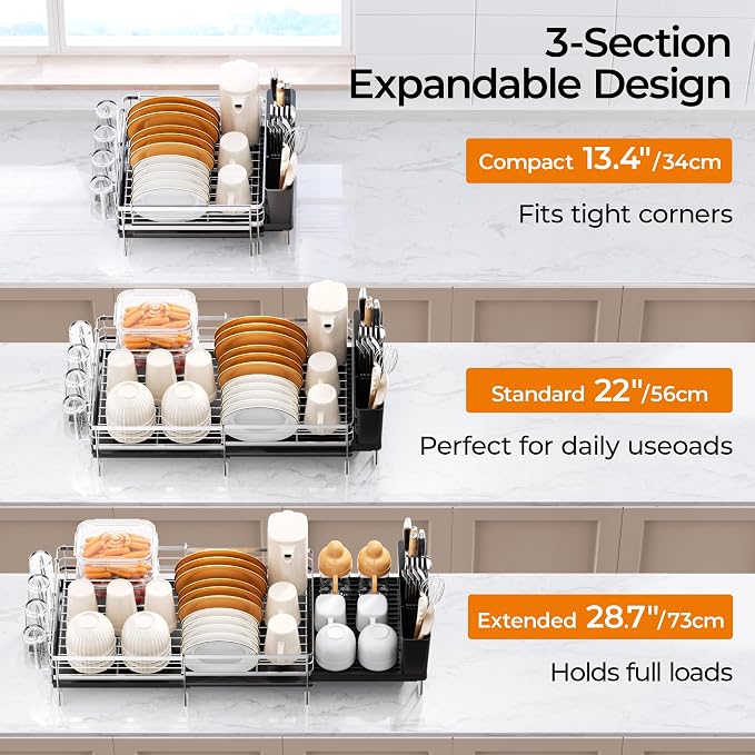 Delamu Stainless Steel Dish Drying Rack, Expandable Dish Drainer | Anti-Rust Dish Racks for Kitchen Counter, Dish Strainers with Drainboard, Utensil & Cup Holder, 13.4"-28.7" L x 11.8" W - Image 2