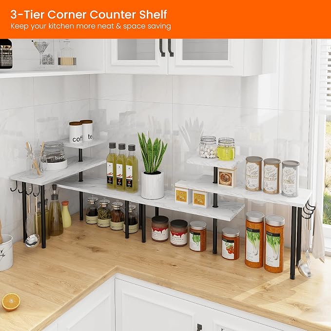 Bathroom Counter Corner Shelf, 3 Tier Kitchen Countertop Organizer for Over The Sink, Make Up, Dresser Table, White Marble - Image 4