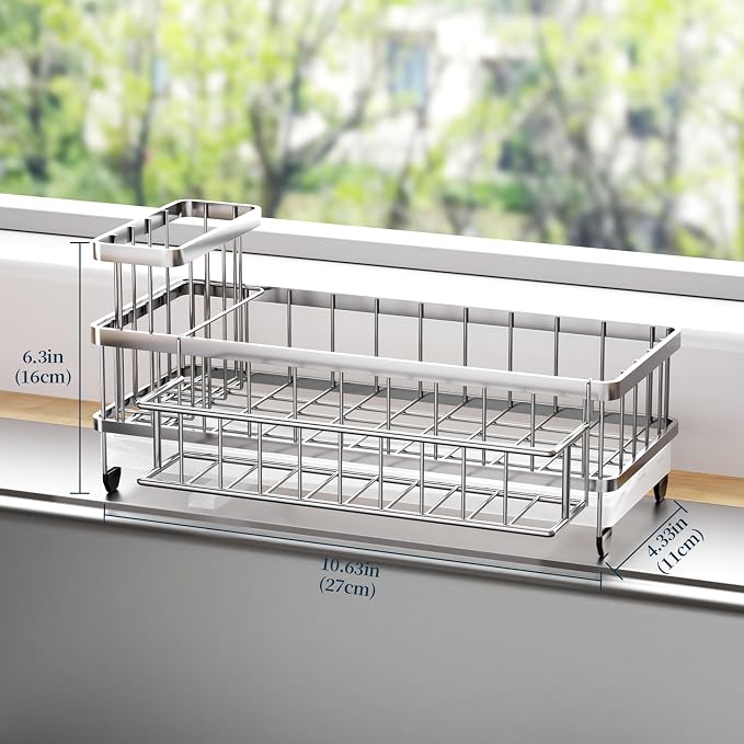 Consumest Sponge Holder for Kitchen Sink - Auto Draining Sink Caddy Organizer with Detachable Rack, High Brush Holder, Kitchen Countertop Storage Accessories, Silver-Extra Large - Image 6