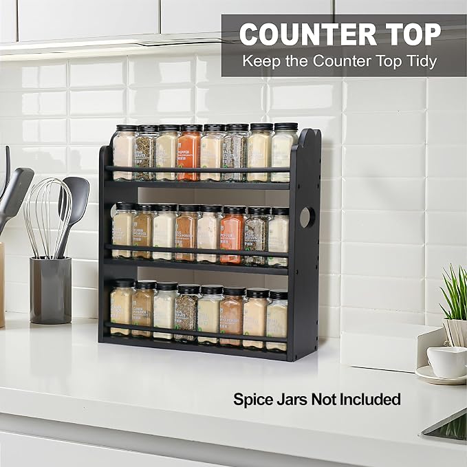 3-Tier Bamboo Spice Rack, Wall Mount & Countertop Spice Organizer | Seasoning Jars Rack Shelf Spice Organizer for Kitchen, Spice Storage Holder with handles, Front and Rear Protective Design - Image 3