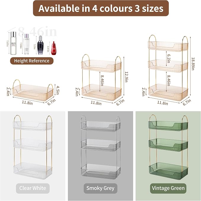Akinbas 3 Tier Bathroom Organizer Countertop Makeup Perfume Tray Skincare Organizer for Bathroom Dresser Vanity (Gold) - Image 2