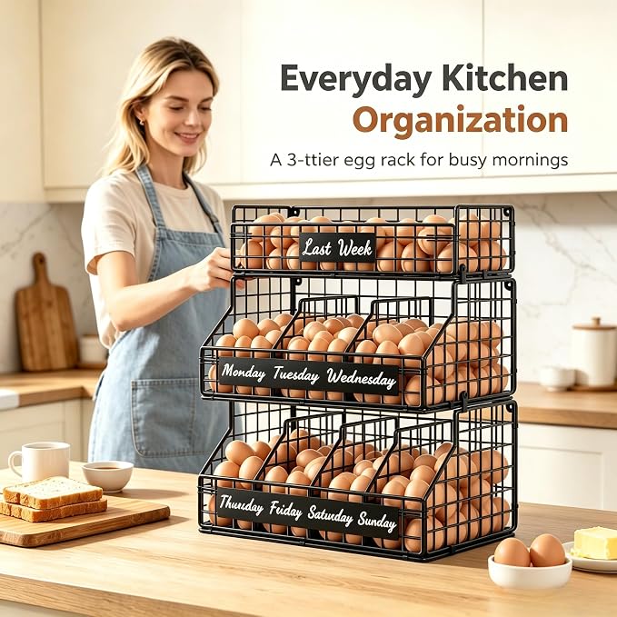 Egg Holder Countertop, 3 Tier Chicken Egg Basket for Gathering Fresh Eggs | Egg Storage Organizer with Adjustable 5 Dividers & Label, Stackable Wall Mounted Egg Collecting Basket Rack, Black - Image 3