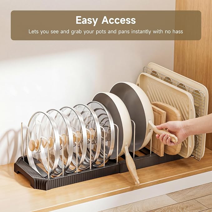 MUDEELA Pots and Pans Organizer under Cabinet, Pan Pot Organizer Inside Cabinet, Expandable 12.9''-21.88'' Pot Lid Organizer Holder with 12 Adjustable Dividers for Cutting Boards, Pan Lid Rack, Black - Image 7