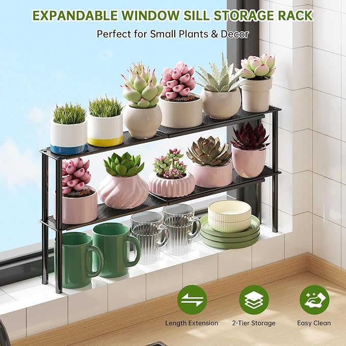 Window Sill Plant Shelf,Expandable Narrow Shelf Organizer for Over the Sink | Expandable from 15.3-25.9", Narrow 3.5" design, Large lower‑level space, Rust-resistant steel holds 22lbs, Simple assembly - Image 2