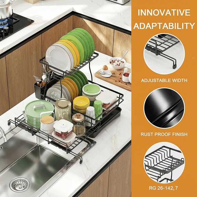 Expandable 2-Tier Dish Drying Rack Over the Sink, Large Capacity | Foldable rustproof coated metal; expands over sink; 2-tier large capacity for plates, bowls, glasses, pan and utensils. - Image 7