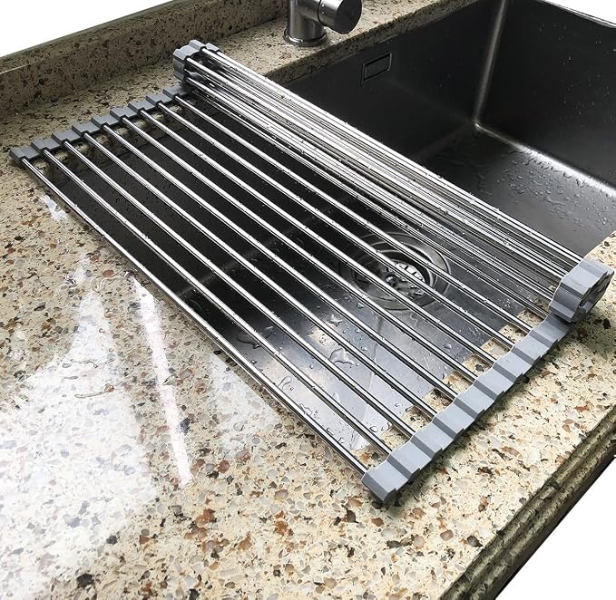 Tomorotec Roll Up Dish Drying Rack Over Sink, SUS304 Steel, 17.7x11.5,Gray | Heat Resistant to 550°F With Non-Slip Silicone Grips, Multipurpose Trivet for Hot Pots, Dishwasher Safe by Tomorotec