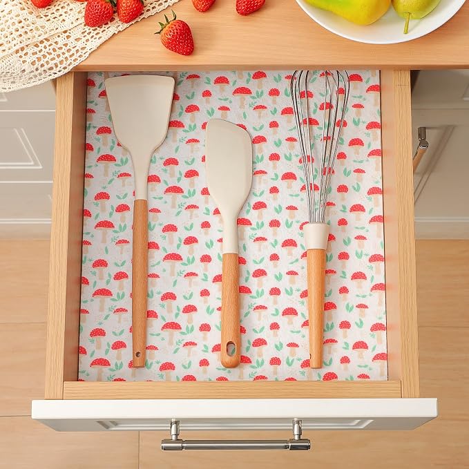 Cooyes 12 Pack Cloth Shelf Liners for Kitchen Cabinets, 12" × 24", Non-Slip Refrigerator Liners Machine Washable, Crisper Drawer Mats for Glass Shelves and Freezers, (Red Mushroom) - Image 4