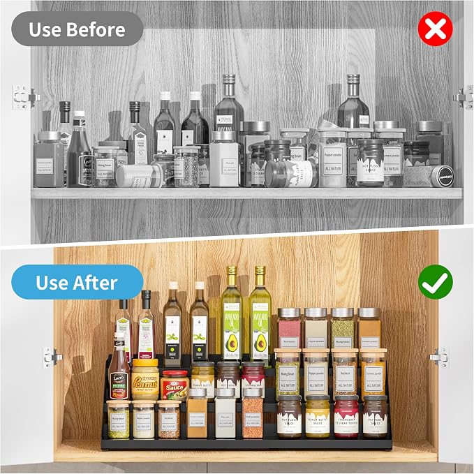 BOIVSHI 3 Tier Spice Rack for Cabinet, Adjustable Shelf, Black | Expandable Width 13"-22" Spice Organizer for Countertop, Step Seasoning Holder Metal Display Shelf for Jars, Pantry Storage - Image 5