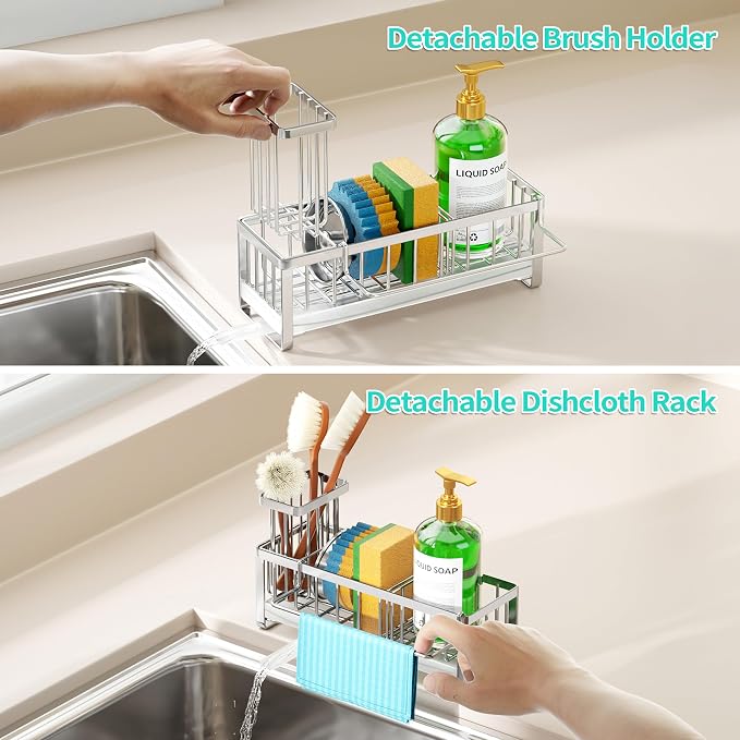 HapiRm Sponge Holder for Kitchen Sink - Self-draining Sink Caddy with Brush Holder and Dishcloth Holder, Stainless Steel Kitchen Organizer - Silver - Image 3