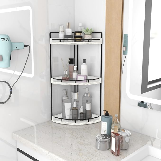 Dorhors Corner Bathroom Organizer Countertop,Vanity Counter Storage Shelf | 3 Tier Rustic White Stand Rack Holder for Kitchen,Dresser,Restroom,Wood Bathroom Sink Tray for Makeup,Perfume,Skincare,Lotion - Image 2