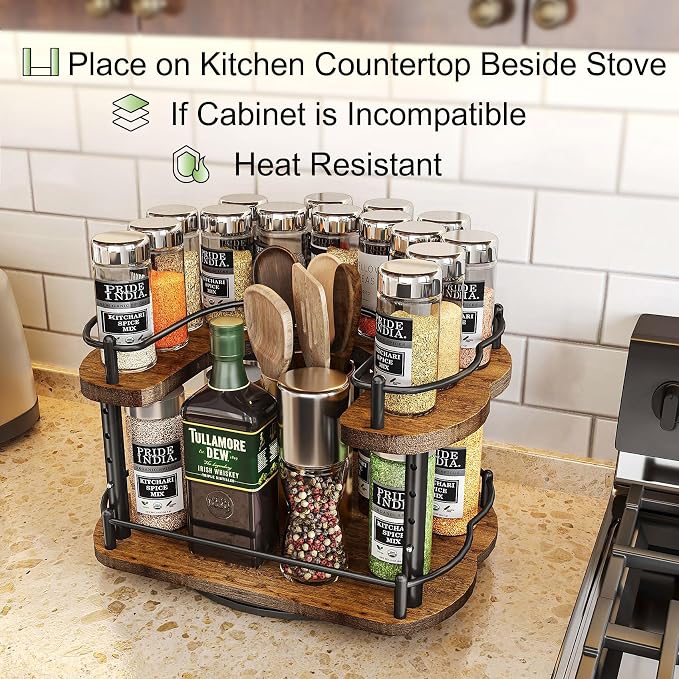 SNTD Lazy Susan Spice Rack Organizer for Cabinet, Wood, Vintage, 12 in | Rotating Turntable, Height Adjustable, Space-Saving D-Shape Design, Revolving Spice Storage for Kitchen Countertop Pantry - Image 3