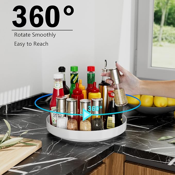 Ovicar Lazy Susan Cabinet Organizer - 11 inch Metal Turntable Lazy Susan for Kitchen Spice Rack Pantry Cupboard Bathroom Countertop Refrigerator Table Storage, White - Image 2