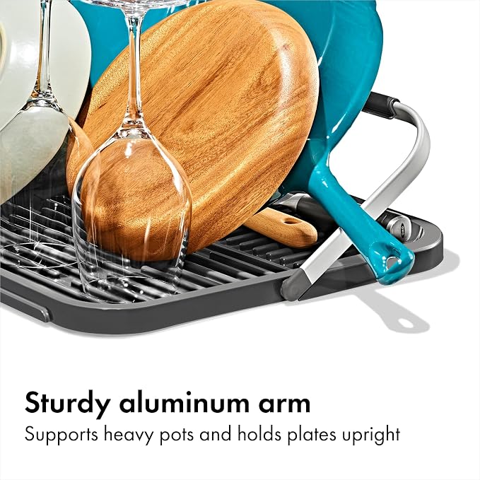 OXO Good Grips Compact Drying Rack with Dish Rest, Aluminum Folding Dish Drying Rack for Glassware and Cookware, Drain Board with Non-Slip Feet for Countertop or Kitchen Sink - Image 2