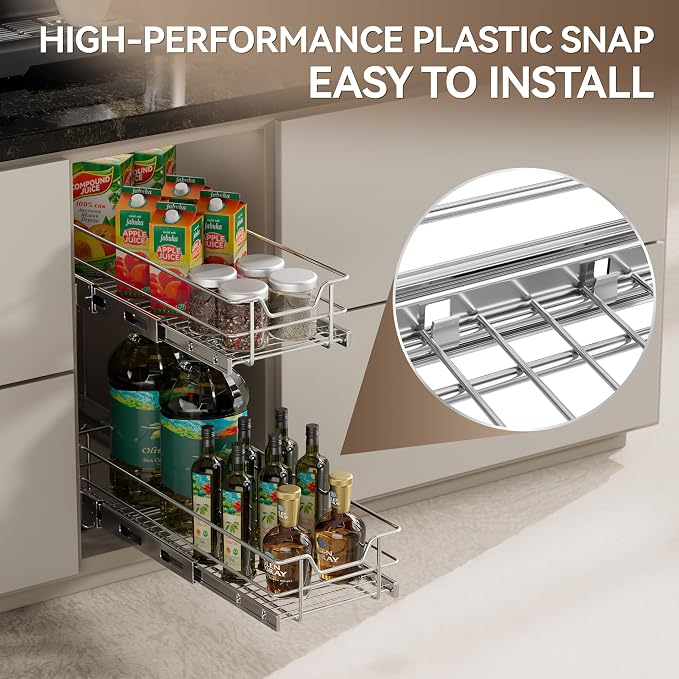 2 Tier Pull Out Cabinet Organizer 9" W X 22" D, Chromed, Full Slide Out | For Kitchen Organizers and Storage, Pull Out Drawers For Cabinets Capacity Heavy Duty Caddy, Cabinet Shelves, Bathroom Pantry - Image 6