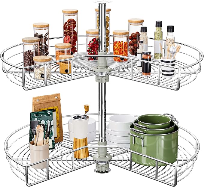 DWVO 31″ Kidney 2-Tier Lazy Susan – Telescoping Mount Corner Cabinet Organizer with Pie-Shelf Design, for Bathroom,Kitchen Cabinet Blind Corners (Chrome, 270° Adjustable) - Image 7