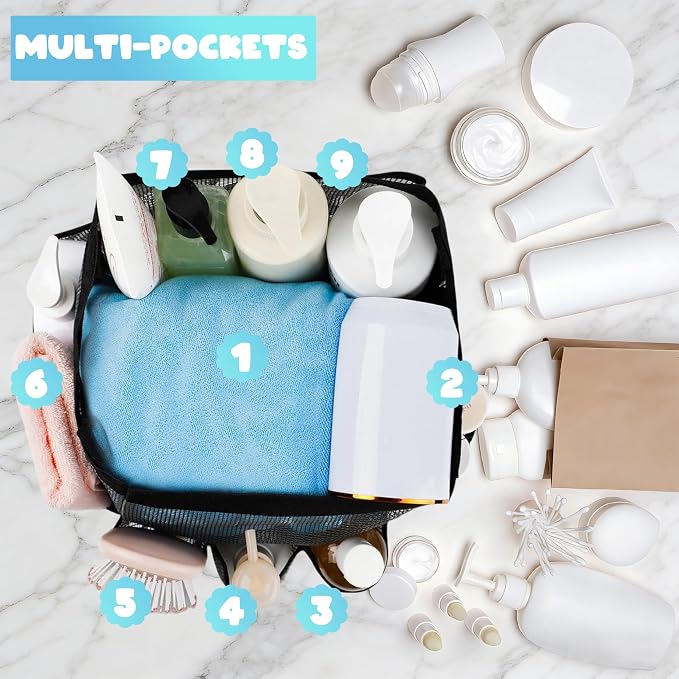 Mesh Shower Caddy Portable - 9 Pockets for College Dorm Room Essential | Large Capacity Mesh Shower Caddy with 9 Pockets, Portable Hanging Toiletry Bag for College Dorm, Gym, Camping and Beach - Image 4