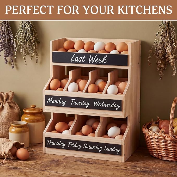 Leinuosen Wooden Egg Holder Countertop with 5 Dividers & DIY Freshness Labels to Separate, 3-tier Wood Egg Storage Basket Organizer, Large Farmhouse Kitchen Counter Display Rack - Image 5