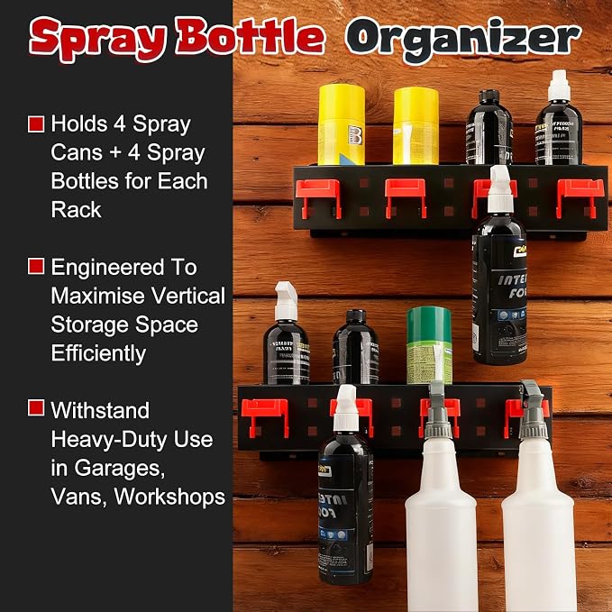 Spray Bottle Holder, 2 Pack Wall Mount Car Detailing Can Holder Spray Rack | Heavy-Duty Carbon Steel Auto Detail Spray Bottle Organizer, Spray Can Holder with Hooks for Garage Workshop Van Shed Storage - Image 8