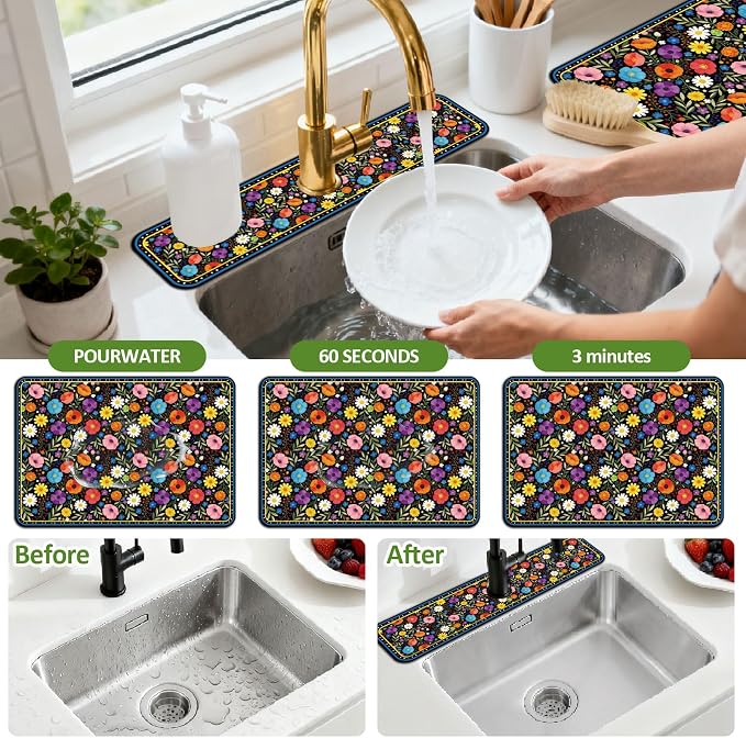 3 Pcs 2 Size Kitchen Sink Splash Guard Faucet Mat Bohemian Flowers Pattern Faucet Mats for Sinks Colorful Flower Absorbing Drying Mat for Kitchen Bathroom - Image 4
