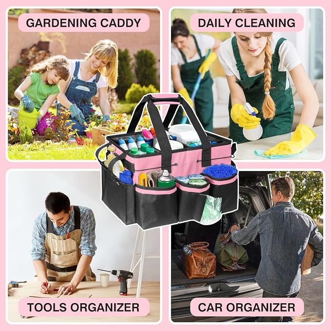 Cleaning Caddy Tote with Removable Dividers - 17.8x12.2x9.3in Waterproof Tool Organizer Bag with Handles & Adjustable Shoulder Strap for Housekeepers, Cleaners & Car Detailing Supplies (Pink) - Image 4