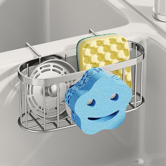 SWTYMIKI Sponge Holder for Kitchen Sink - Movable Sink Caddy with Smiley Face Sponge Holder, Rustproof Hanging Sponge Organizer in Double Bowl Sinks Depth>3.15in, Middle Divider<1.5in, Silver by SwtyMiki-TidyHomeSweetLife