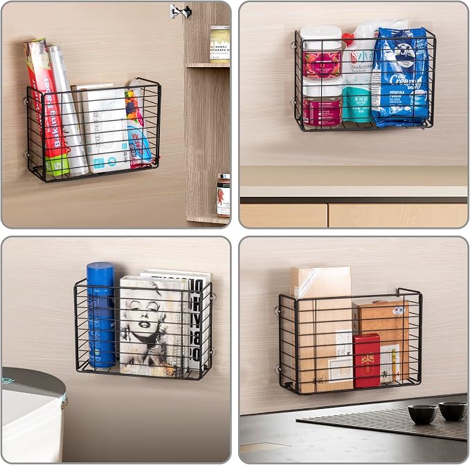 Lonian Wall Mounted Storage Basket, Black Metal Wire Kitchen Wrap Organizer Rack, Heavy Duty Hanging Basket for Cabinet Door, Pantry, Cutting Boards, Foil, and Cleaning Supplies - Image 2