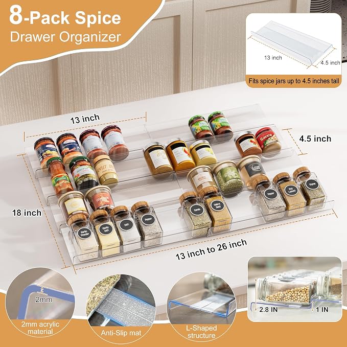8-Pack Spice Drawer Organizer, Expandable Acrylic Seasoning Rack (13" to 26") with Anti-Slip Mat, Kitchen Spice Rack Holds up to 56 Jars (Jars Not Included) - Image 5