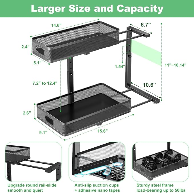 Under Sink Organizer 2 Pack, High Adjustable 2 Tier Under Sink Organizers and Storage, Slide out Metal Cabinet Organizers, Pull out Storage Drawer Shelf for Kitchen Bathroom Cabinet (Black) - Image 4