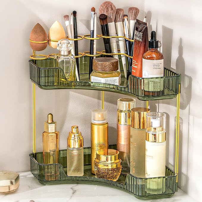 Makeup Organizer 2-Tier Bathroom Counter Organizer with Makeup Brush Holder | Corner Bathroom Organizer Countertop, Acrylic Counter Storage for Bathroom Dresser, Skincare Perfume Organizer- Green by NATURESSOURCE