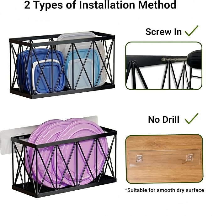 4 Pack Cabinet Door Organizer, Adhesive Inside Cabinet Door Storage for Kitchen Bathroom, Lid Organizer Compatible with Tupperware Pyrex, Wall Mounted Basket for Pantry Under Sink, Black - Image 4