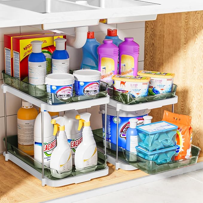 Delamu 2-Tier Multi-Purpose Bathroom Under Sink Organizers and Storage, Stackable Kitchen Pantry Organization, Pull Out Medicine Cabinet Organizer with Movable Dividers, Light Green, 4 Pack - Image 5