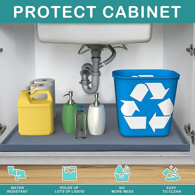 URMONA Waterproof Silicone Under Sink Mat 34'' x 19'' Shelf Liner for Kitchen and Bathroom, Cabinet and Counter Protector, Storage and Organizers, Litter Mat, Pet Cat Puppy Essentials(Brown ) - Image 2