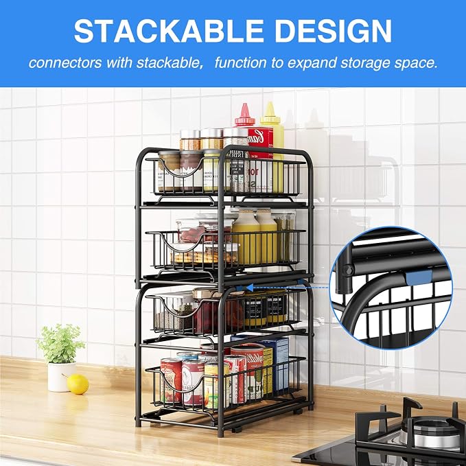 2-Tier Pull Out Organizer Under Sink Sliding Cabinet Rack,Black | Stackable Sliding Storage Drawer organizer with adjustable height and anti slip pad. Kitchen,Office or Cabinet Storage - Image 6