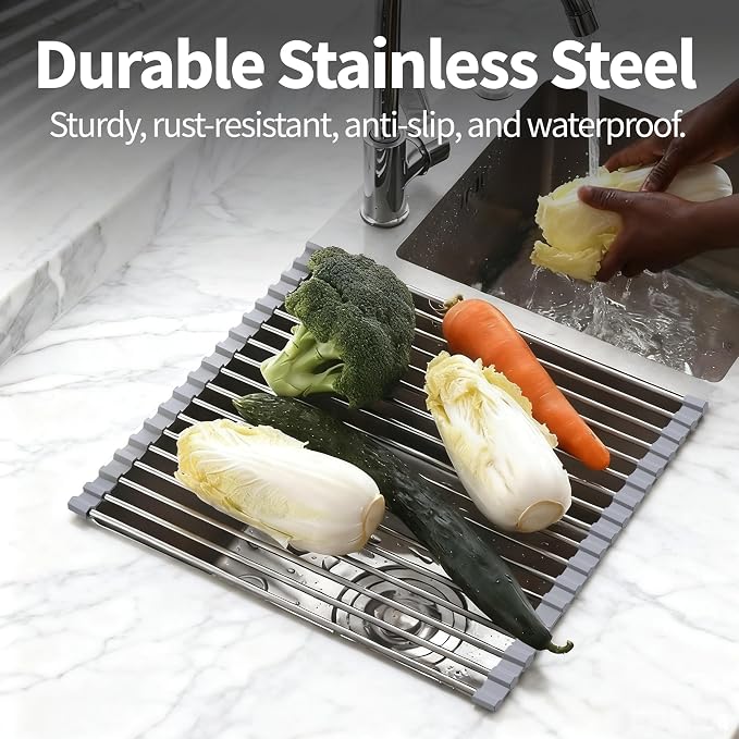 Roll Up Dish Drying Rack for Over Sink -17.5"x11.8" Foldable Stainless Steel Kitchen Drainer，Gray - Image 5