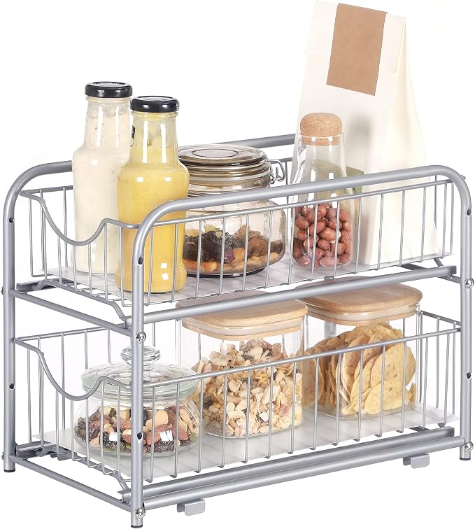 SONGMICS 2-Tier Pull Out Cabinet Organizers, Under Sink Organizer, Bathroom Organizer and Storage, Sliding Basket Drawers, Stackable for Kitchen, Bathroom, Metallic Silver UKCS017E01 | Gondola Shelving for Kitchen and Bathroom, Silver, PATALLA Collecti... by Unknown