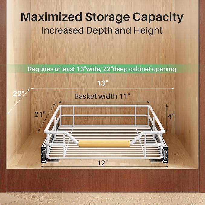 Pull out Cabinet Organizer, 12"W X 21"D, Heavy Duty Smooth Sliding Under Cabinet Shelves for Pots and Pans, Full-Extension Roll out Drawers, Slide out Organization for Home Kitchen Pantry, White - Image 3
