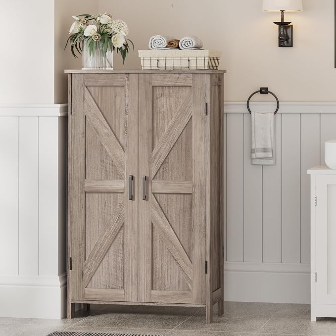 Homleke 43.3" H Farmhouse Bathroom Storage Cabinet with Adjustable Shelves | Freestanding Storage Cabinet with Barn Doors for Bathroom, Kitchen, Living Room, Dining Room & Entryway, Greige - Image 2