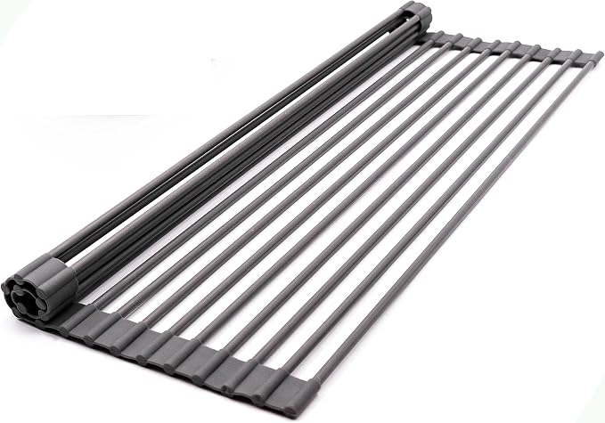 Bigdata&BetterLife Roll Up Dish Drying Rack Simple Large Space Saving Dish Drying Mat for Kitchen Foldable Silicone Coated Stainless Steel Heavy Duty Dry Rack(Black, 20.5" x 13.1") by CASASUNCO