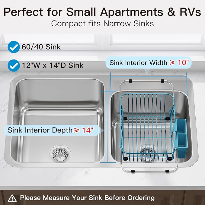 JASIWAY Blue Dish Drying Rack in Sink with Utensil Holder, RV, Apartment | Over Sink Expandable Stainless Steel Dish Drainers for Compact Kitchen, Space Saving, Fast Drain, Rustproof, For 1-2 people - Image 3