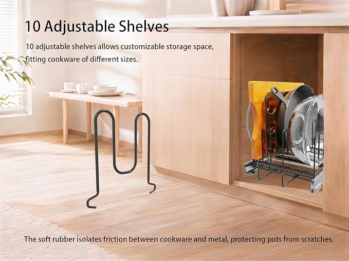 Pull-Out Pots and Pans Organizer under Cabinet | Smooth Pull-Out Rails, Heavy-Duty Metal, 10 Adjustable Dividers, Scratch-Resistant, Space-Saving, Black, 12" W x 22" D - Image 3
