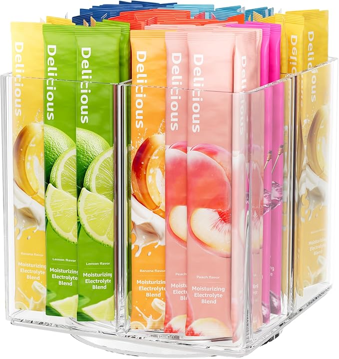 Drink Packet Organizer, Rotating Turntable Organizer with 4 Compartments | Clear Lazy Susan for Powdered Drink Mix, Water Flavor Packets, Coffee, Tea – Space-Saving Countertop Organizer by SlowSLog