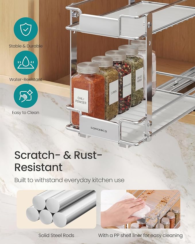 SONGMICS 4 Tier Pull Out Spice Rack for inside Cabinets, Organizer, Steel | Garbage Can, Waste Bin, with Soft Close Lid, Removable Inner Bucket, for Bathroom, White ULTB112WZ01 - Image 7