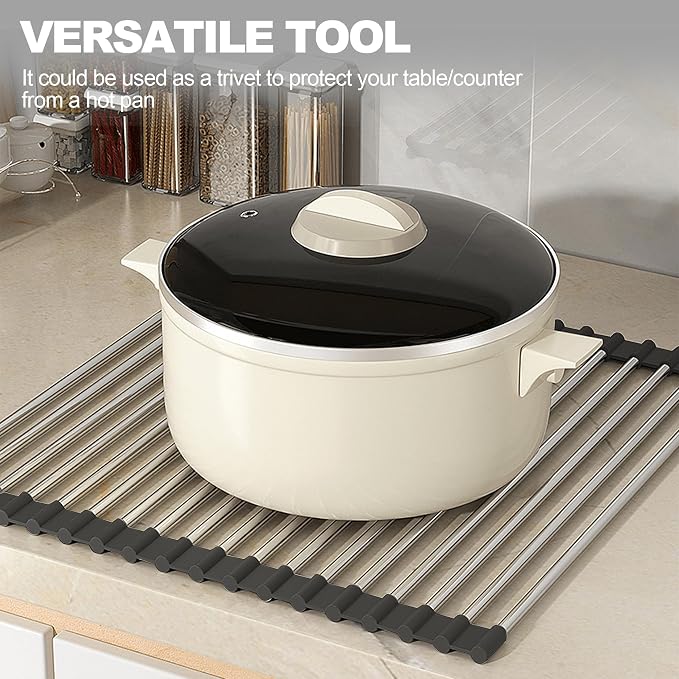 NEZUIBAN Dish Drying Rack with Roll Up and Over Sink for Kitchen,17.5"x15.7",Black - Image 4