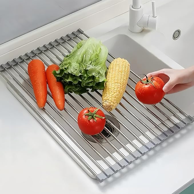 Roll Up Dish Drying Rack, 17.7" x 11.8" Over The Sink Dish Drying Rack, Dish Drying Rack for Kitchen Sink Counter Storage (Grey) - Image 3