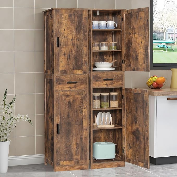usikey 67'' Tall Storage Cabinet with Adjustable Shelves & 2 Doors, Bathroom Cabinet with 1 Drawer, Narrow Tall Cabinets for Living Room, Home Office, Rustic Brown - Image 4