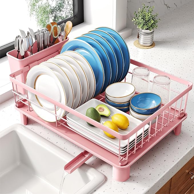 SNTD Dish Drying Rack for Small Kitchen Counter, 12.9" W x 16.9" L, Pink | Space Saving, Rotating Spout & Angled Drainboard for Quick Drainage, Stainless Steel, Removable Utensil Holder by SNTD
