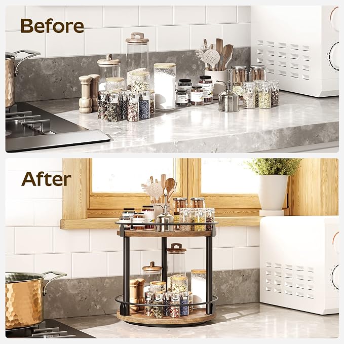Lazy Susan Organizer, Rotating Spice Rack, 2 Tier Spice Turntable Organizer, Industrial Turntable Spice Holder, for Kitchen Countertop and Cabinet, Compact and Versatile, Rustic Brown SR22BR - Image 5